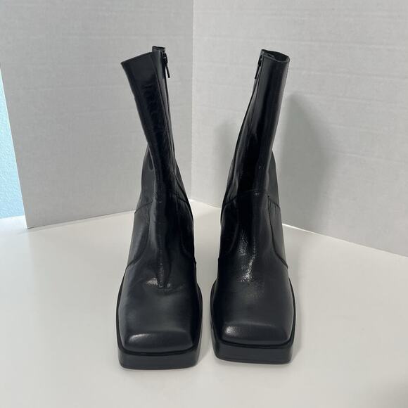 ASOS Leather Boots Womens 8 Mid Calf Chunky Square Toe Y2K Goth Gore NEW - Picture 2 of 13